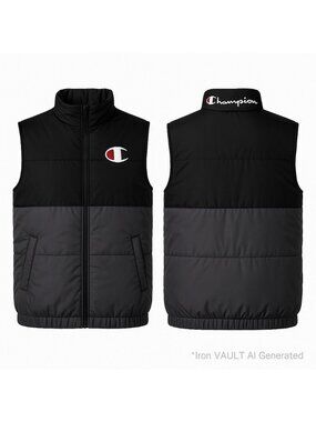 Champion Mens XLT Black Gray Puffer Vest Sleeveless Jacket RN 135969